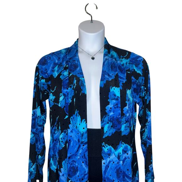 Susan Graver Womens Floral Stretchy Open Front Sparkly Cardigan Black Blue Sz S - Picture 9 of 10